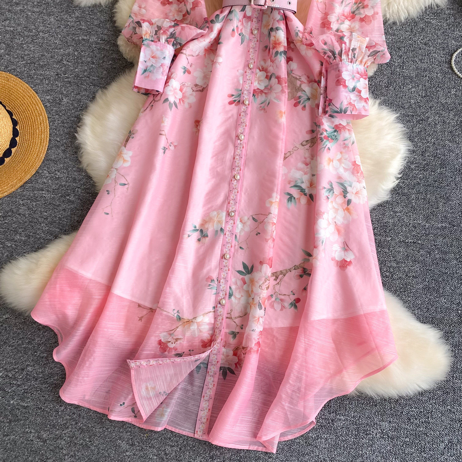 French Floral Print Long Sleeve A Line Dress Slim Fit Hollow Out Tie Waist Elegant Style Perfect for Office Wear