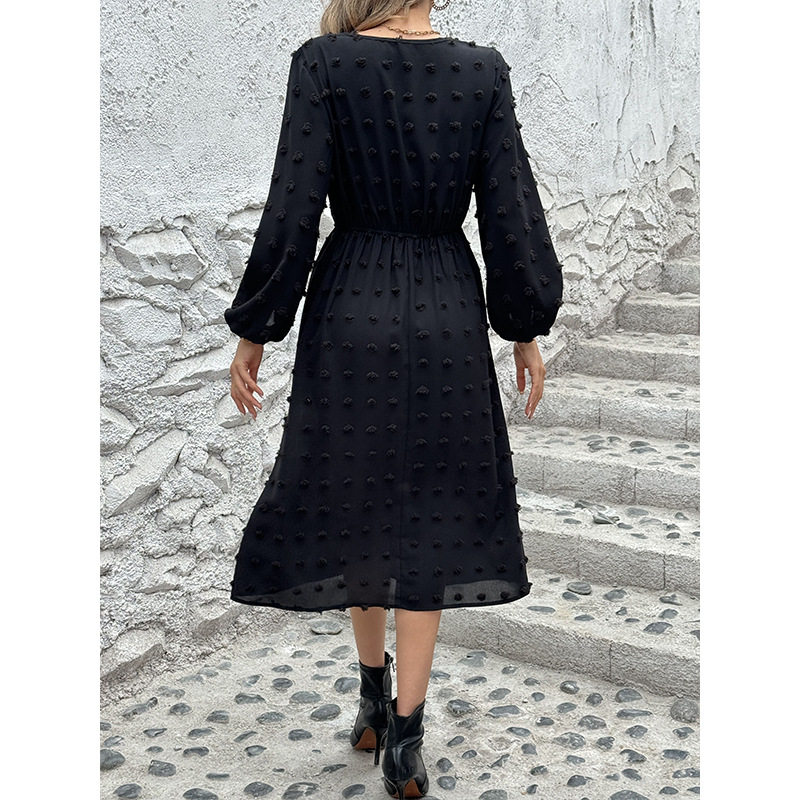 French V Neck Long Sleeve Dress Stylish Pom Detail Chic Casual Wear for Women Ready to Ship OEM ODM service