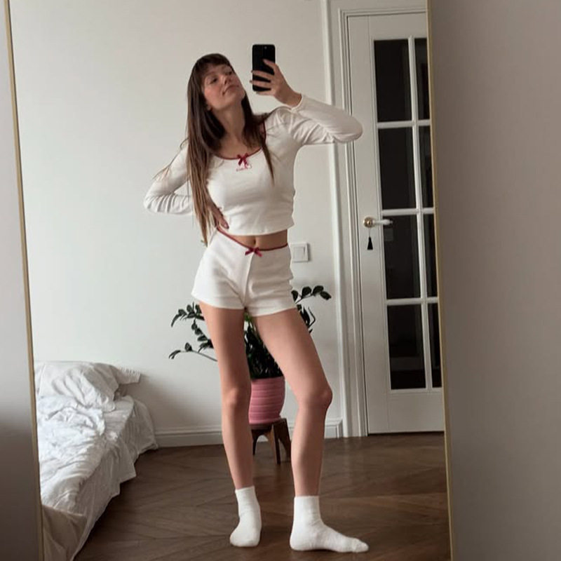 Color Block Bow Tie Long Sleeve Top and Shorts Set Feminine Style Spring Summer Fashion Wholesale Available