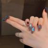Handmade Nails Brown Blue Half French Secret Blue Sea Glass Beads Cat Eye Nails New Flash Amber Manicure