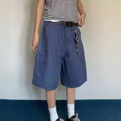 American-Style Washed Work Blue Vintage Multi-Pocket Cargo Shorts for Men, Retro Casual Five-Point Pants, Versatile Wide-Leg Mid-Length Pants
