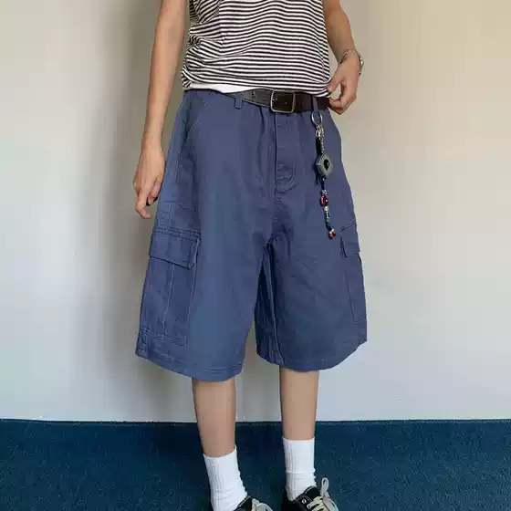 American-Style Washed Work Blue Vintage Multi-Pocket Cargo Shorts for Men, Retro Casual Five-Point Pants, Versatile Wide-Leg Mid-Length Pants
