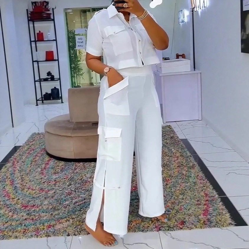 Summer Womens Casual Set High Neck Top Multi Pocket Design Color Block Pants Perfect for Everyday Wear Wholesale