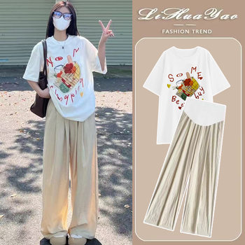 Maternity T-Shirt Summer Printed Simple Versatile Top Summer Loose Casual Design Pure Cotton Round Neck Short-Sleeved T-Shirt