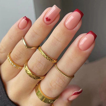 Cross-Border New Valentine's Day Wearable Nails Rectangular French Heart Fake Nails Manicure Pieces Removable Nail Wholesale