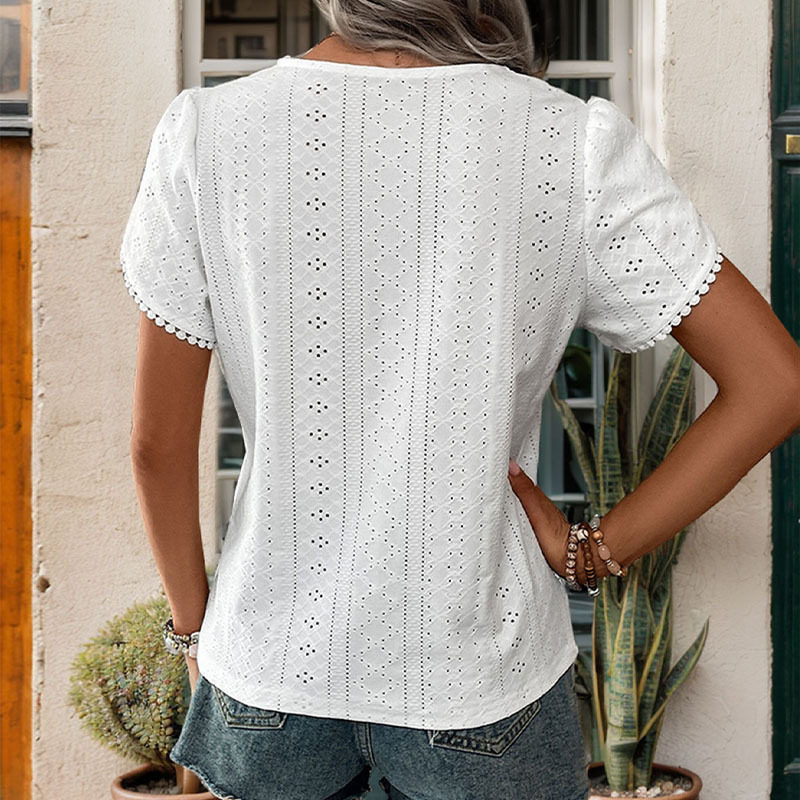 Casual Lace Trim V Neck Blouse Elegant Hollow Out Design Stylish Everyday Wear Wholesale Available