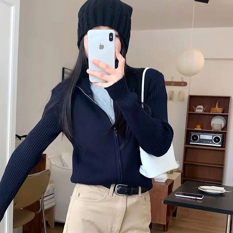 【黑标系列 极简风 韩单客订柔软美丽诺羊毛双开拉链针织衫女时髦
