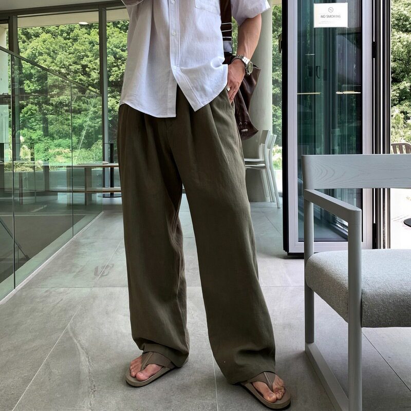 卡其色轻薄亚麻休闲裤男夏季五一出游棉麻老钱风直筒裤透气长裤子
