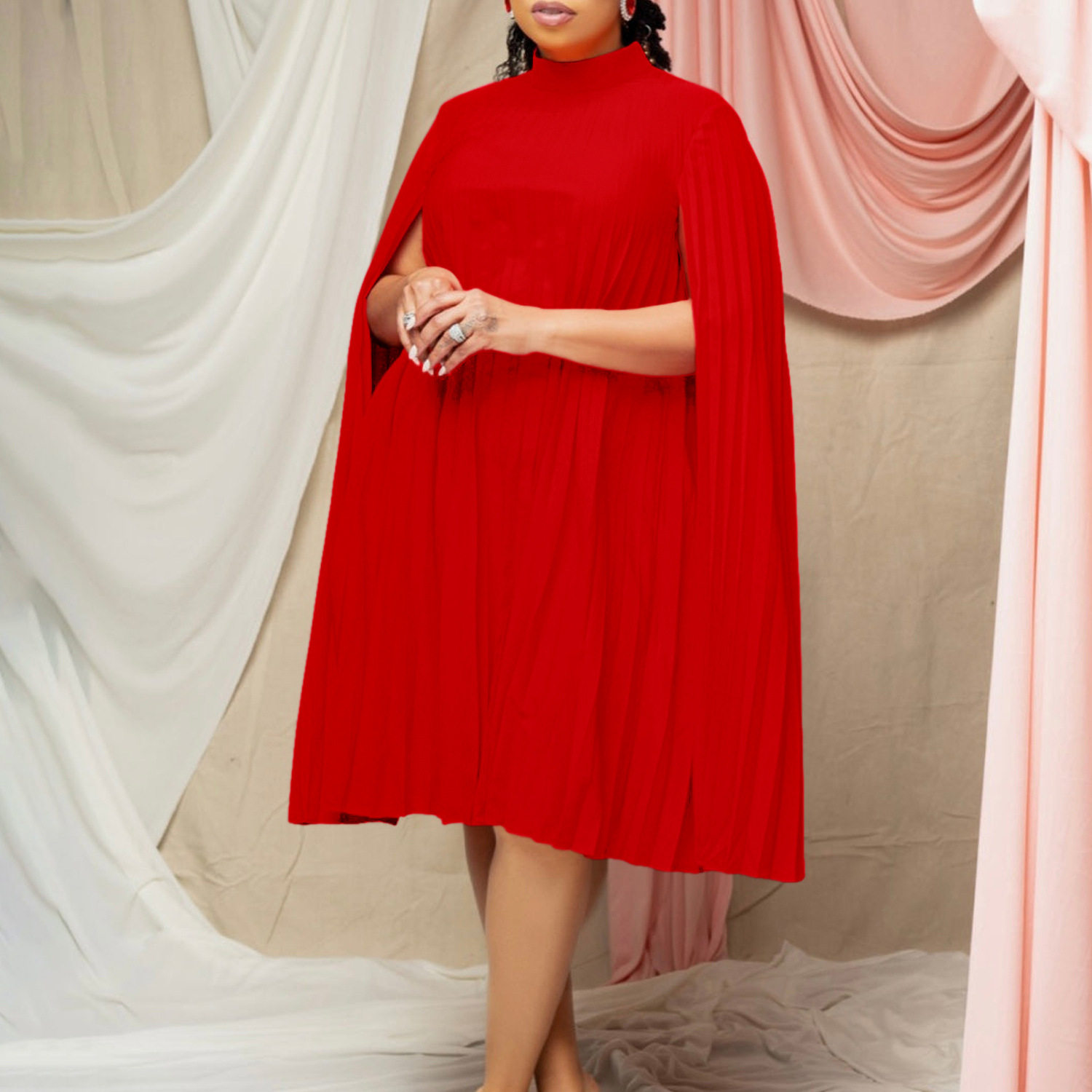 Plus Size Batwing Sleeve Dress Fashionable Loose Fit Pleated Design Elegant Style Spring Collection Wholesale