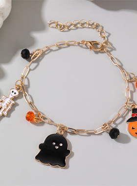 BZ1904跨境欧美万圣节手链女生米珠金属皮革款南瓜蝙蝠幽灵手饰