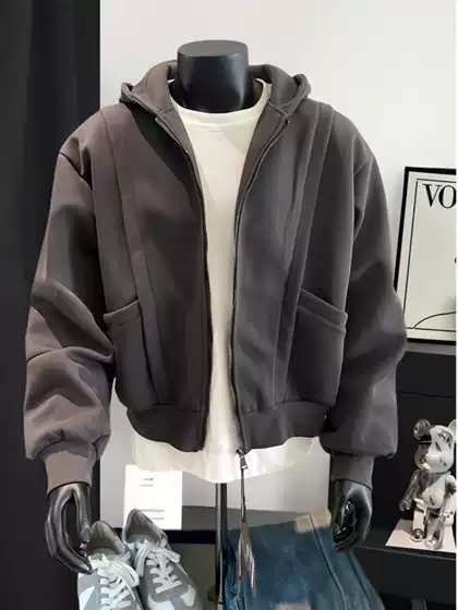 Paris Grey Short Wei Yi Men's Fall/Winter 400g Heavy Hard American Zipper Jacket Deconstruction Stitching Hoodie