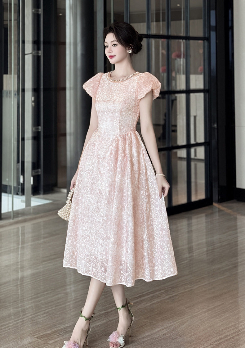 Đầm ren maxi nữ tay phồng eo cao dáng chữ A — [Hồng], [Mơ] chi tiết 16