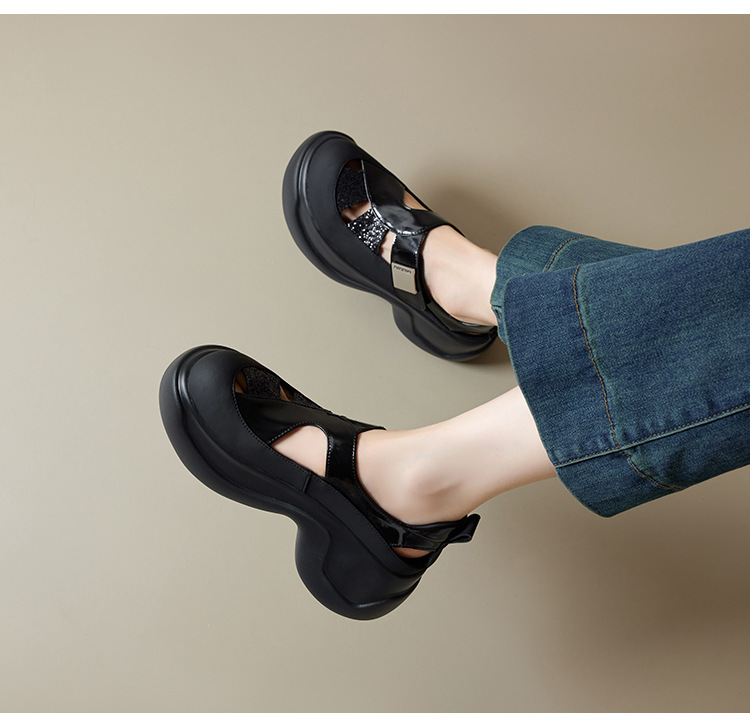 Giày sandal nữ gót cao 8cm đế dày đính đá, mũi tròn bít da bò khoét lỗ — Màu bạc, Màu đen, Màu trắng be