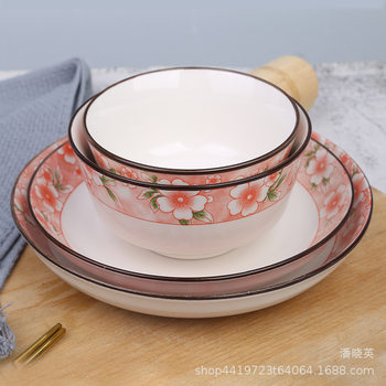Creative Cherry Blossom Ceramic Bowl and Dish Ceramic Tableware Set Underglaze Color Bowl and Dish Set Opening Activity Gift Bowl