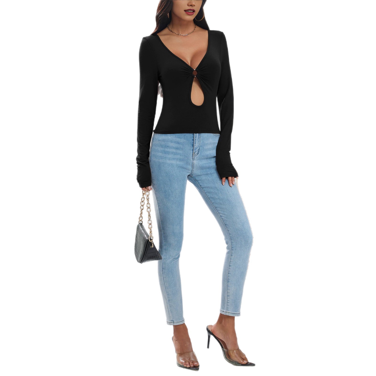 V Neck Hollow Out Long Sleeve T Shirt Slim Fit Solid Color Casual Style Perfect for Everyday Wear Wholesale