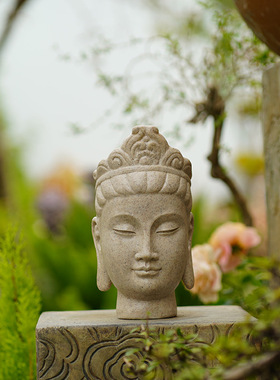 复古佛头摆件禅意书房茶室桌面装饰别墅花园庭院造景树脂工艺品