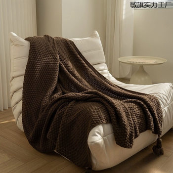 Maillard Blanket with Large Tassels, Color Cover Blanket, B&B Bedside Blanket, Knitted Blanket, Brown Coffee Sofa Blanket, Simple Supply