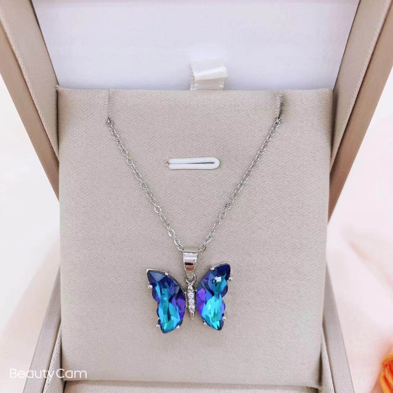 Cross-border Hot Sale Micro-inlaid Zircon Gradient Magic Color Butterfly Titanium Steel Necklace Women's Fashion Simple Elegant Personalized Copper Pendant