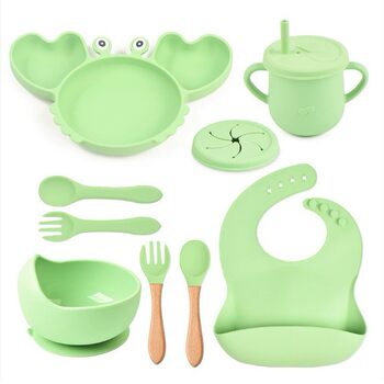 Baby Meal Plate, Suction Cup, Integrated Cartoon Crab, Kidsren's Silicone Bowl, Divided Plate, Learning to Eat, Training Spoon, Tableware Set