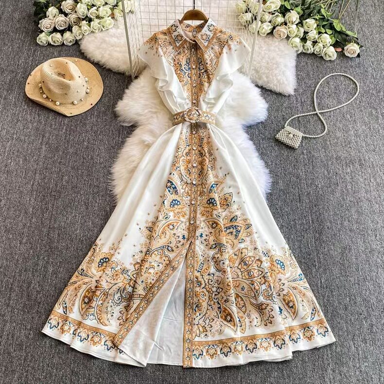 Vintage Inspired Womens Maxi Dress Floral Print Waist Defining Single Breasted Flutter Sleeves Elegant Evening