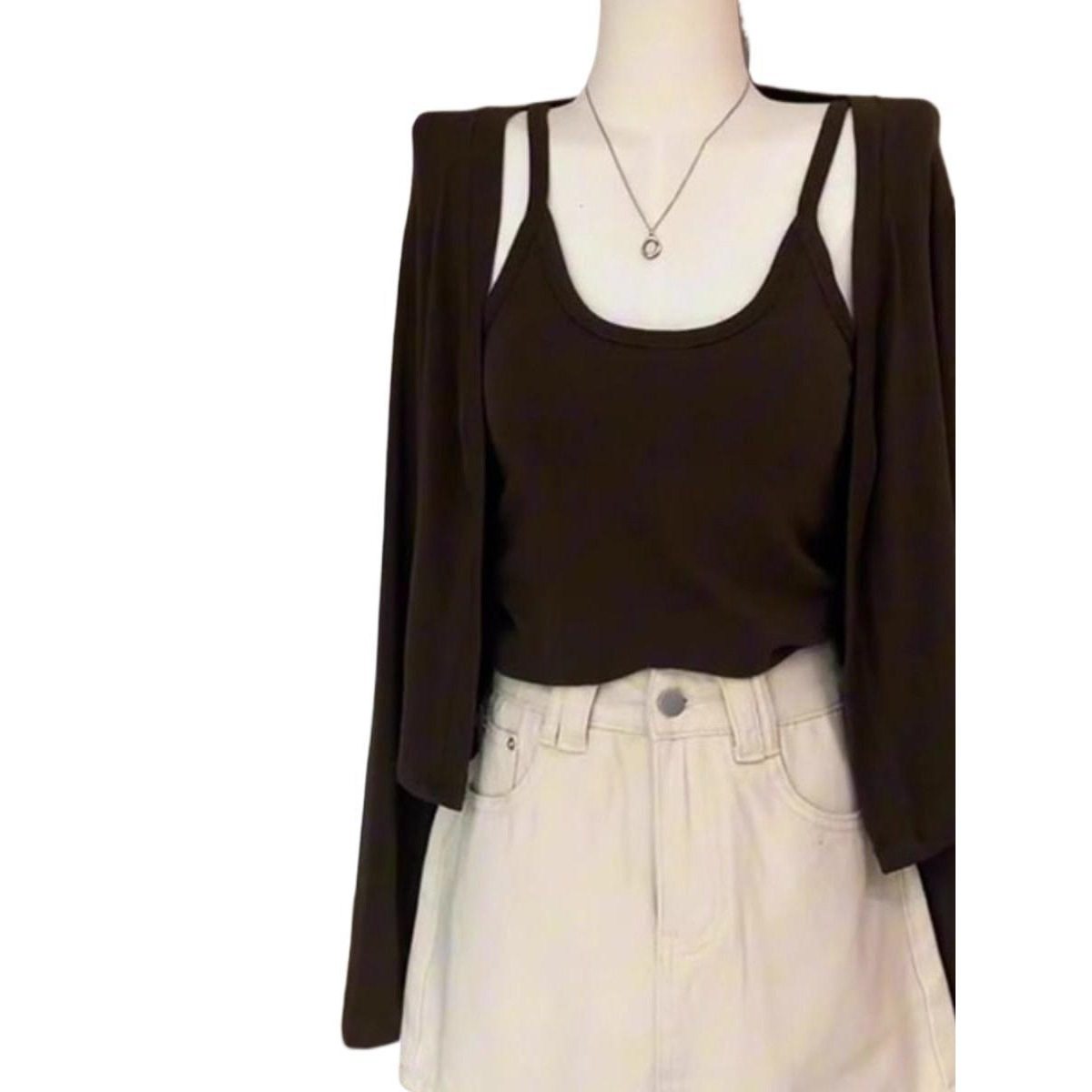 Modal Cotton Spring Sleeveless Suspender Cardigan Two-Piece Suit for Women Slimming Look Shawl Long-Sleeved Slim Top Outer Wear