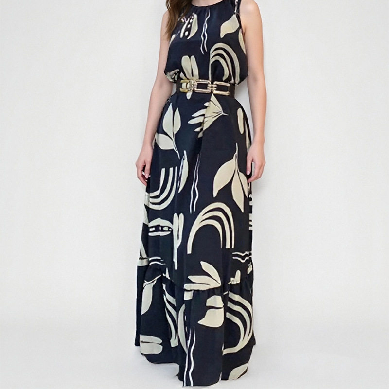 Womens Spring Floral Print Sleeveless Dress Elegant Fit Flare Design Perfect for Casual or Formal Occasions