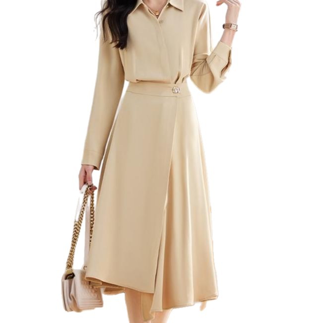 Solid Color Fashion Dress Simple Design Waist Cinching Slim Fit French Style Office and Commuting Wear OEM