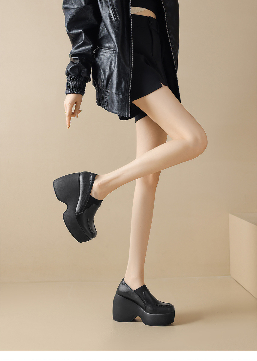 Giày cao gót nữ đế xuồng platform da bò mũi tròn gót 9cm — Màu đen