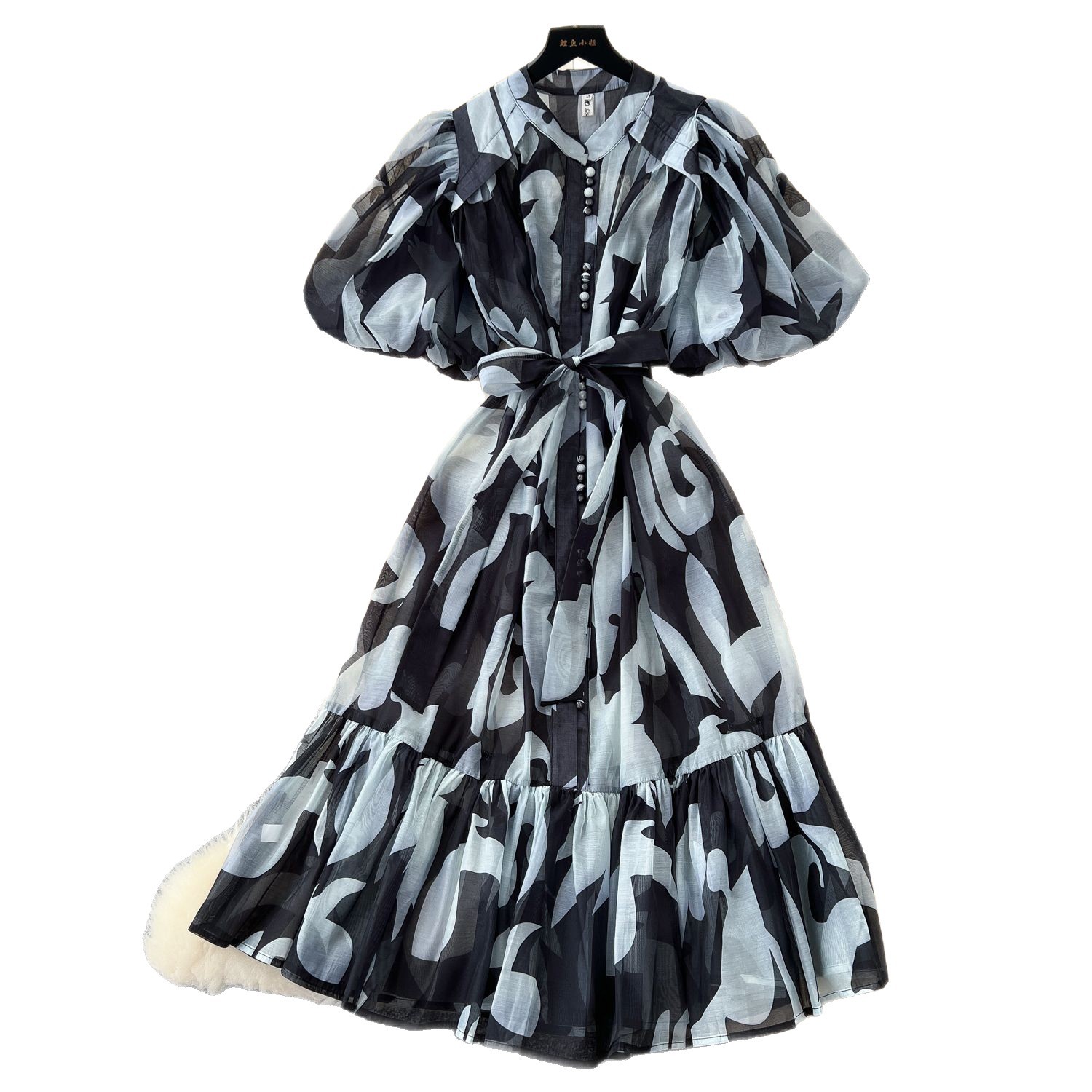 Luxury European Style Printed Puff Sleeve Dress for Women Summer Waist Tie A Line Elegant High Quality Fabric