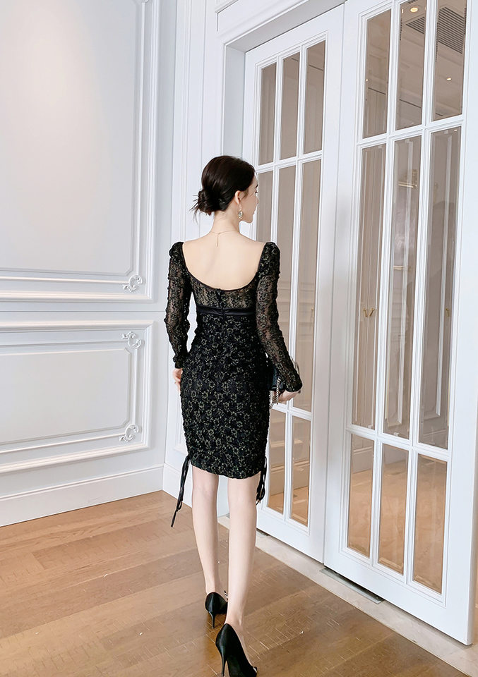 Váy Ôm Body Nữ Ren Lưới Tay Phồng Cổ Tim Dây Rút Màu Đen chi tiết 17
