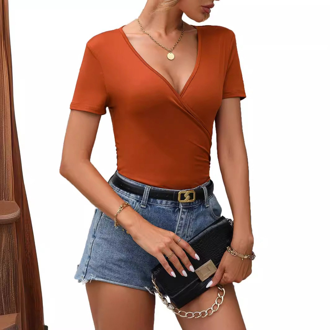 Womens V Neck Short Sleeve T Shirt Fashionable Elegant Solid Color Casual Wear Summer Style Wholesale Available