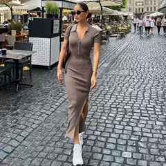 European and American Style 2022 New Summer Women's Lapel Single-Breasted Slit Leg-Lengthening Slim Hip-Hugging Dress for Women