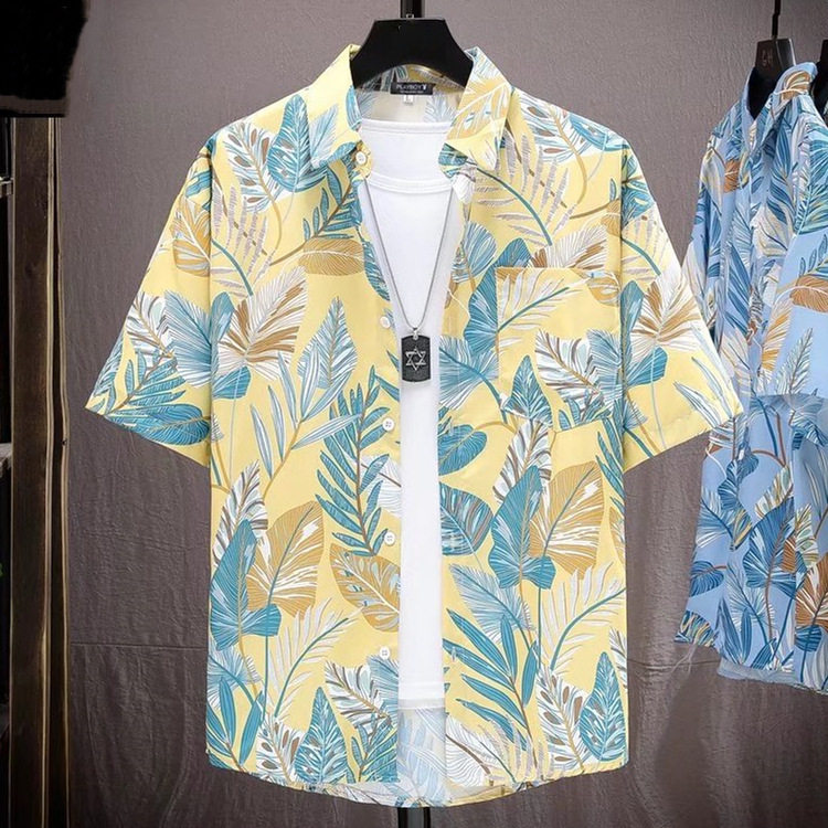 New summer Hawaiian shirt, thin, quick-drying ice silk, loose and versatile, beach printed men's short-sleeved shirt, trendy