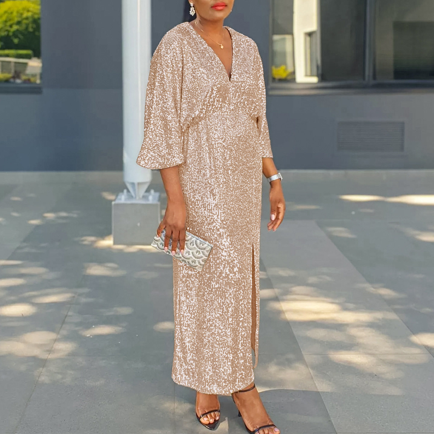 Plus Size Womens Long Dress Loose Fit V Neck Fashionable Sequins Side Slit Autumn Collection Wholesale Available