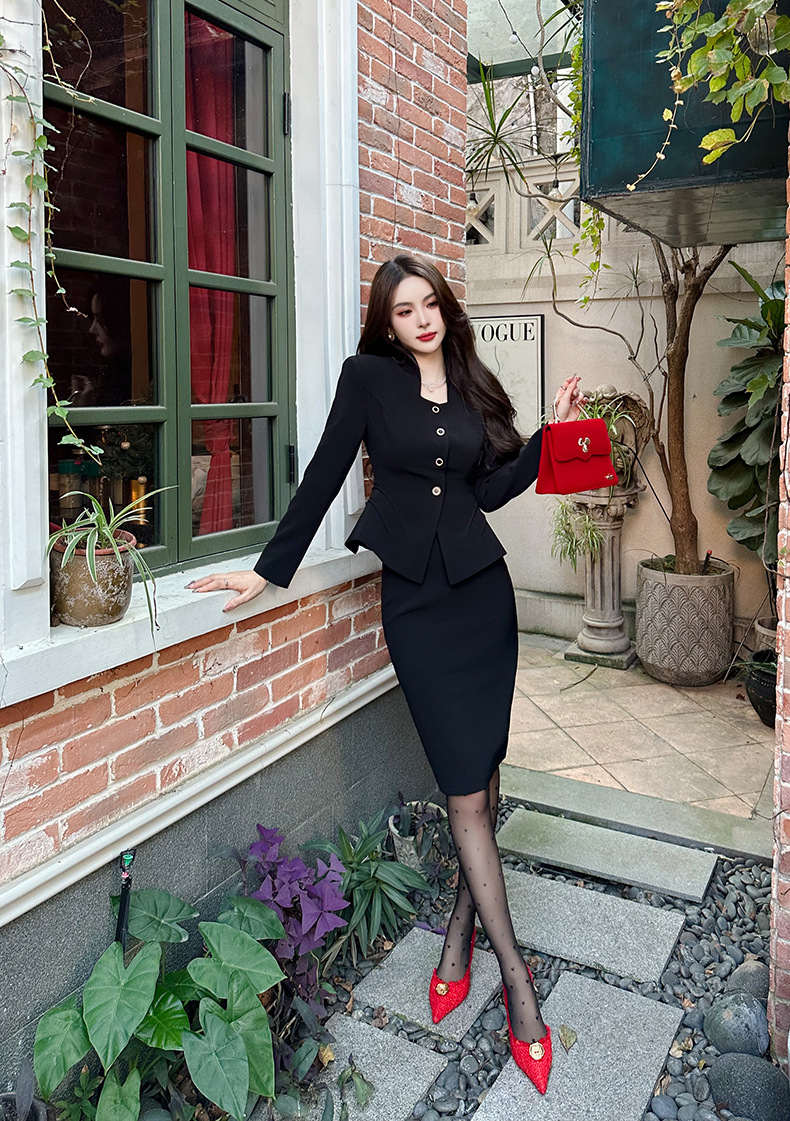 Đầm công sở nữ dáng Hepburn phong cách Pháp, bộ hai chiếc dài tay thanh lịch — Màu đen
