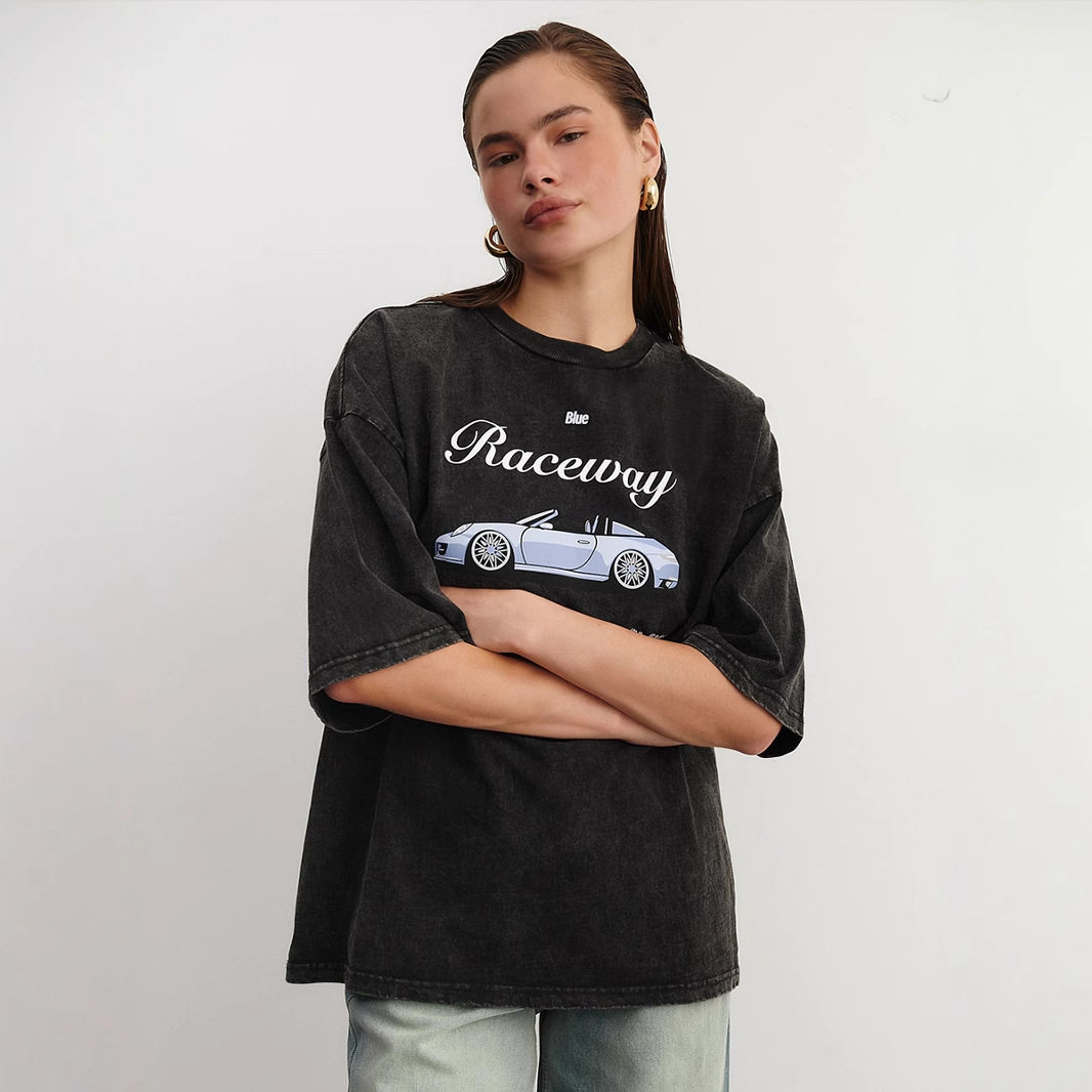 Loose Fit European Style Car Print Short Sleeve T Shirt for Women Summer Wash Effect Vintage Design Casual Top