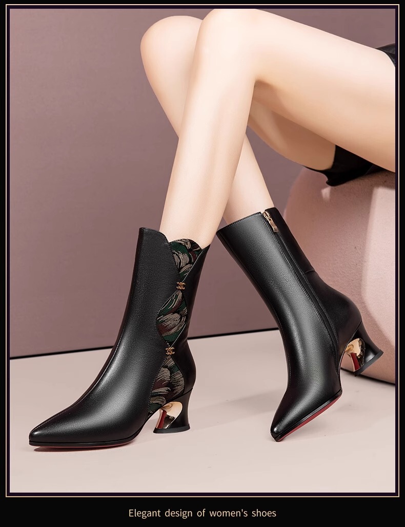 Boot nữ mũi nhọn gót thô cổ vừa lót lông giữ ấm khóa kéo bên — Màu đen