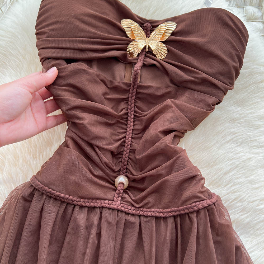 Vintage Strapless Butterfly Off Shoulder Dress High Waist Slim Fit A Line Tulle Long Skirt Elegant Evening Wear