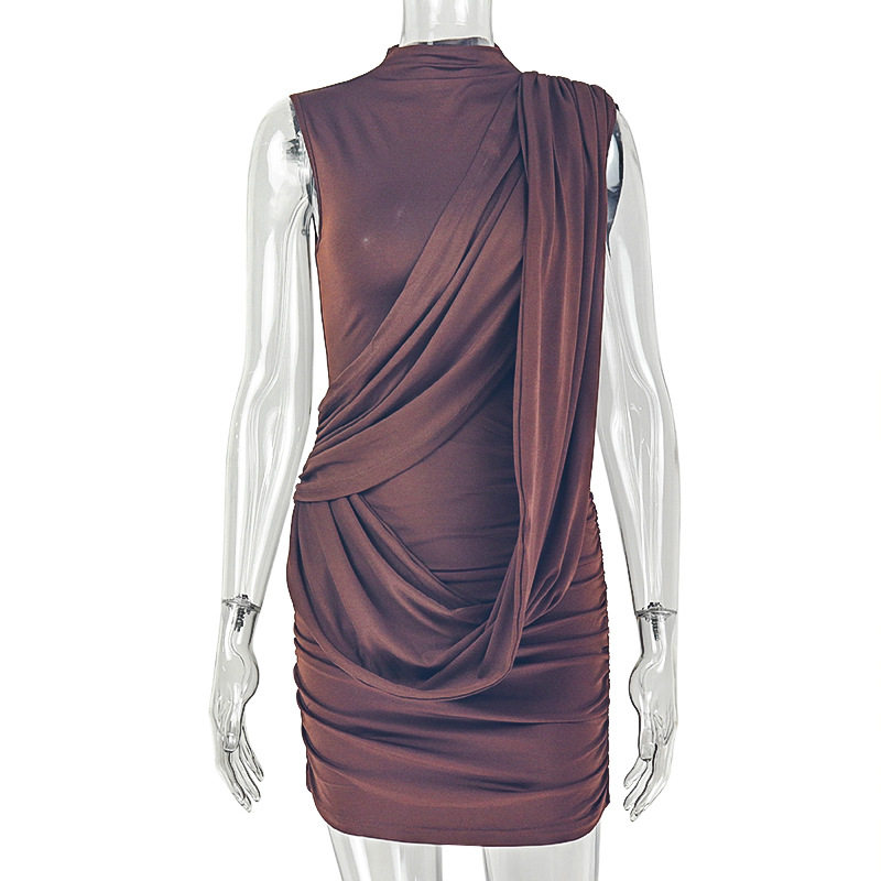 Solid Color Ruched Bodycon Mini Dress Sleeveless Round Neck Asymmetrical Hem Trendy Streetwear for Casual Outings