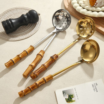 Stainless Steel Soup Shell Creative Bamboo Handle Soup Leak Hotel Kitchen Gadgets Hot Pot Spoon Restaurant Long Handle Colander