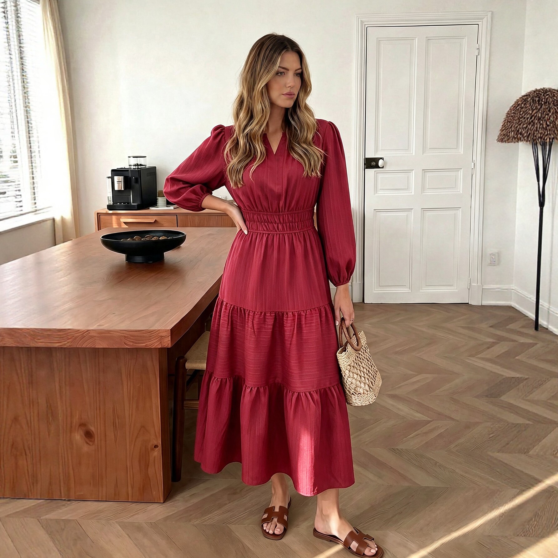 Vintage Burgundy V Neck Dress Slim Fit Puff Sleeves Long Length Perfect for Parties and Special Occasions Wholesale