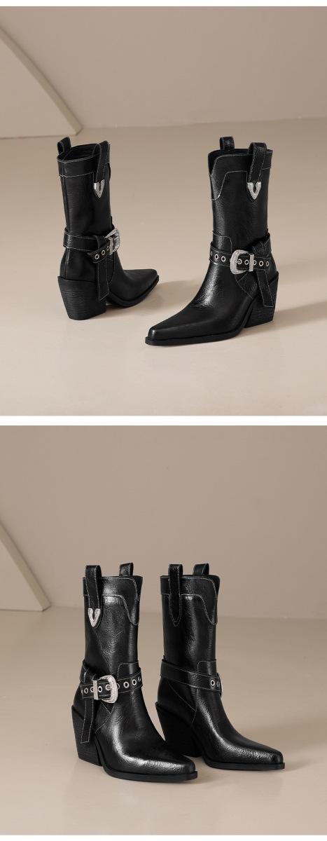 Boot nữ cổ thấp da bò gót xuồng mũi nhọn khóa thắt lưng — Lớp lót đơn màu đen, Lớp lót đơn màu nâu, Lót nhung đen, Lót nhung màu nâu