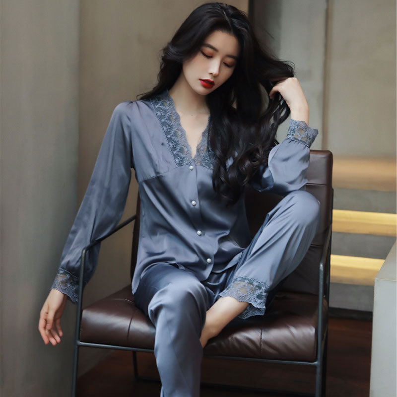 2022年新款睡衣女春秋夏季冰丝绸长袖ins风甜美大码家居服供直播