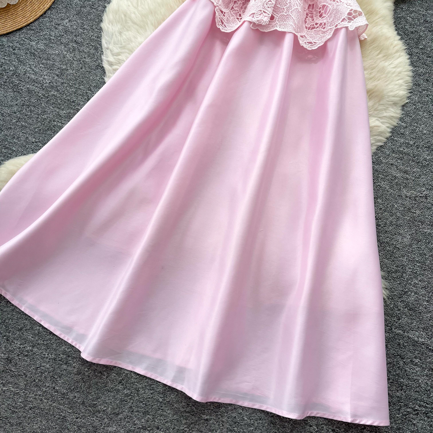 Pink Lace Hollow Out Satin A Line Dress for Women Summer Slim Fit Elegant Style Perfect for Work and Special Occasions