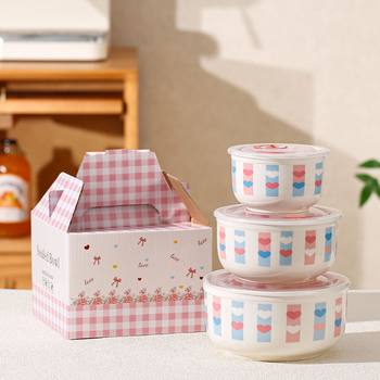 Ceramic Fresh-Keeping Bowl Three-Piece Set Ceramic Bowl with Lid Sealed Bowl Gift Set Printed Logo Gift Box Souvenir