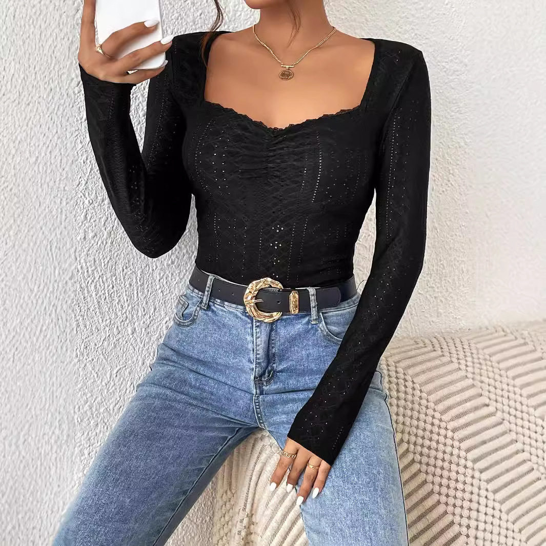Womens Basic Fashion T Shirt Simple Design Square Neck Long Sleeve Lace Trim Solid Color Spring Summer Wear