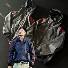 American-Style Trendy Three-Stripe Hooded Patchwork Zipper Jacket, Unisex, Spring and Autumn Fashion Embroidered Pu Leather Jacket