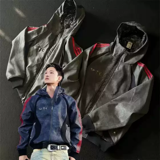 American-Style Trendy Three-Stripe Hooded Patchwork Zipper Jacket, Unisex, Spring and Autumn Fashion Embroidered Pu Leather Jacket