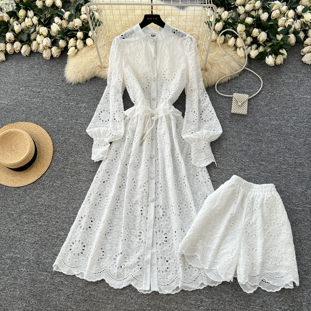 French Style Heavy Embroidery Hollow Out Long Sleeve Dress with Round Neck Two Piece Set with Shorts Elegant Casual Wear