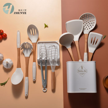 Solid Wood Handle Silicone Kitchenware 11-Piece Set Cooking Kitchen Tools Spatula and Spoon 11-Piece Set